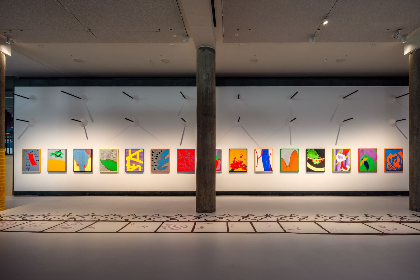 Surya Suran Gied, Godori &ndash;Go Stop Ghost (2022&ndash;24), fifteen-part series, acrylic on canvas, 100 x 80 cm;&nbsp;Marianna Castillo Deball,&nbsp;Crocodile Skin of the Days (2024), floor mural, paint on floor
