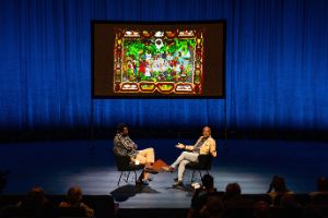 Rodney Saint-&Eacute;loi in conversation with Makenzy Orcel, Haus der Kulturen der Welt (HKW), 11.8.2023.
