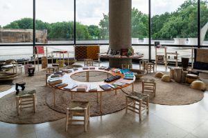 Archive Ensemble, Haptic Library (2023), social display of texturalities (mixed materials) with readings, textiles, and sound, dimensions vary. Courtesy of Archive Ensemble. Installation view of the exhibition, Haus der Kulturen der Welt (HKW), 2023.&nbsp;&nbsp;
