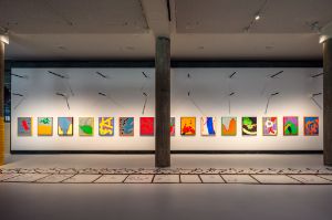 Surya Suran Gied, Godori &ndash;Go Stop Ghost (2022&ndash;24), fifteen-part series, acrylic on canvas, 100 x 80 cm;&nbsp;Marianna Castillo Deball,&nbsp;Crocodile Skin of the Days (2024), floor mural, paint on floor
