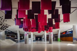 Mariana Castillo Deball,&nbsp;Paper Portal&nbsp;(2024), paper pulp, dyed with red cochineal pigment,&nbsp;Sylvia Wynter Foyer, HKW, 2024
