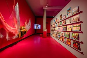 [linke Wand] Sonia E. Barrett, Paths to Joy. Roscoe Parish Chapeltown, Leeds (2017), Phonoschrank, Teppichschoner, 200 × 120 × 60 cm; [rechte Wand] Carlos ,Marilyn‘ Monroy, Llorando se Foi. O Museu da Lambada. In memoriam de Francisco ‚Chico‘ Oliveira (2015), Poster, Objekte, Videos, Schallplatten, Maße variabel