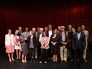 International Literature Award 2014. Shortlist and Jury: Beate Thill, the Embassador of Canada Marie Gervaise-Vidricaire, Kersten Knipp, Madeleine Thien, Dany Laferrière, Almuth Carstens, Hans Christoph Buch, Alexander Sitzmann, Egon Ammann, Zsófia Bán, Jörg Plath, Bernd M. Scherer, Iris Radisch, Georgi Gospodinov, Bernardo Kucinski, Eike Schönfeld, Sabine Peschel, Counsellor of the Haitian Embassy Patrick Saint-Hilaire, Laurenz Bolliger (from left to right)